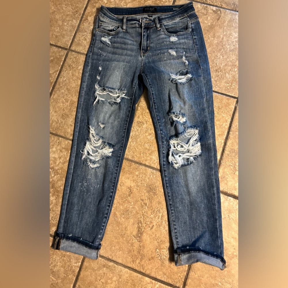 Judy Blue Distressed Boyfriend Jeans - Medium Blue